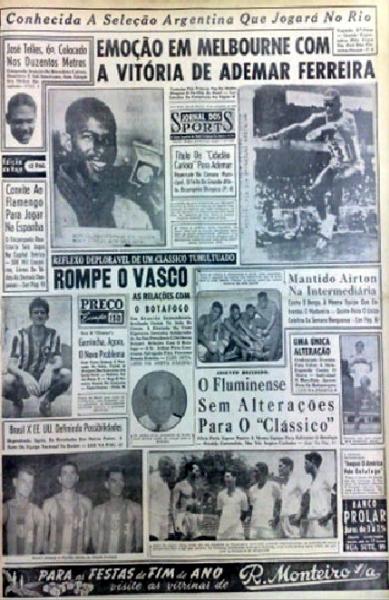 Capa do Jornal dos Sports celebra o feito de Adhemar Ferreira da Silva