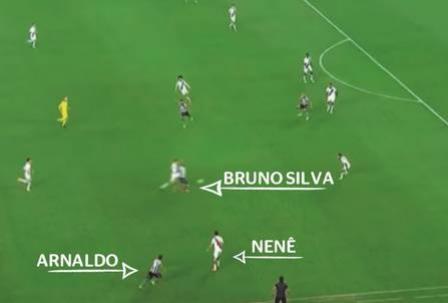 Nenê compõe o meio e tem de marcar a subida de Arnaldo. Bruno Silva leva a bola